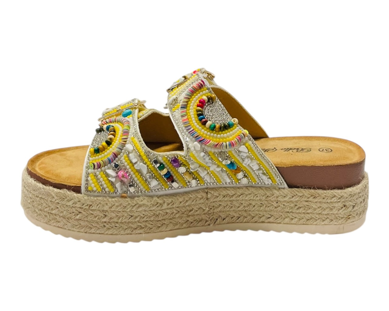 Platform Beaded Buckle Strap Flat Sandals