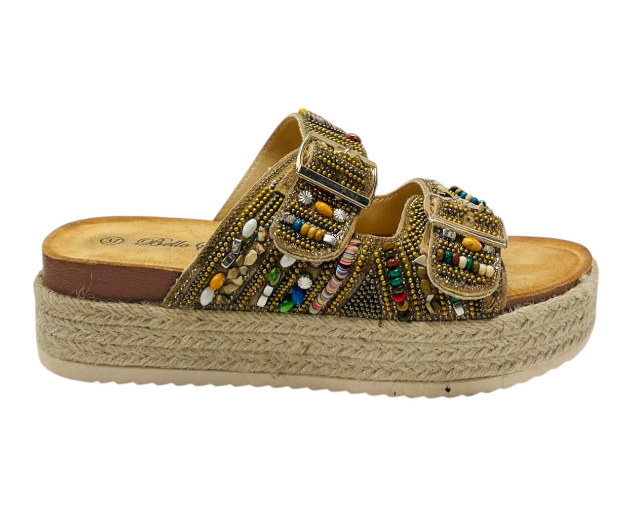 Platform Beaded Buckle Strap Flat Sandals