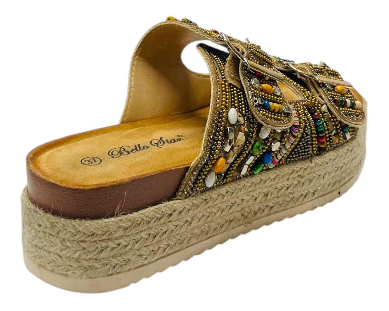 Platform Beaded Buckle Strap Flat Sandals