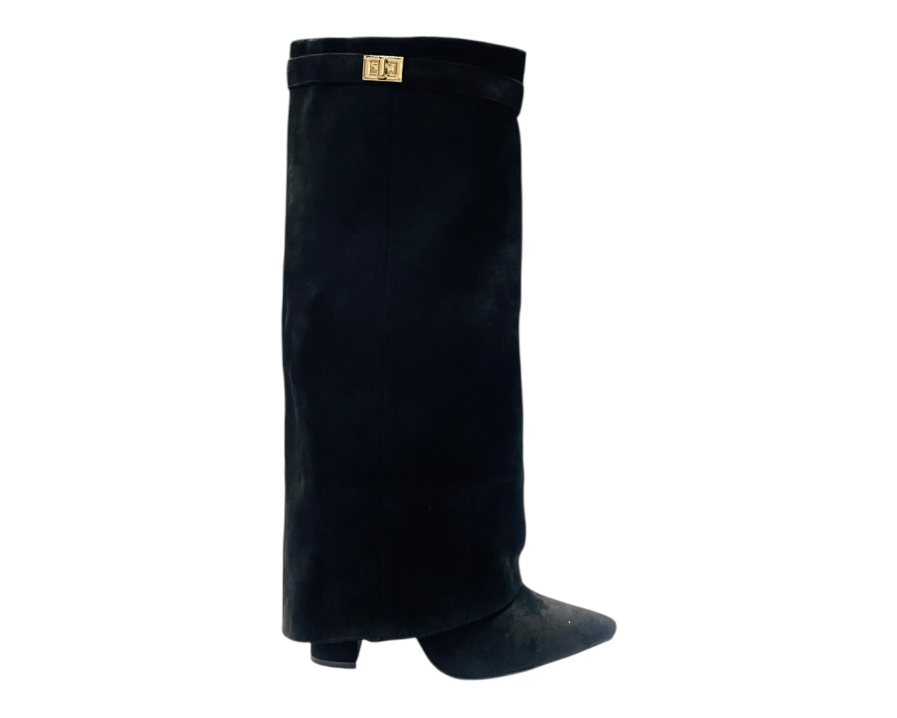 Knee High Faux Suede Fold Over Block Heel Boots