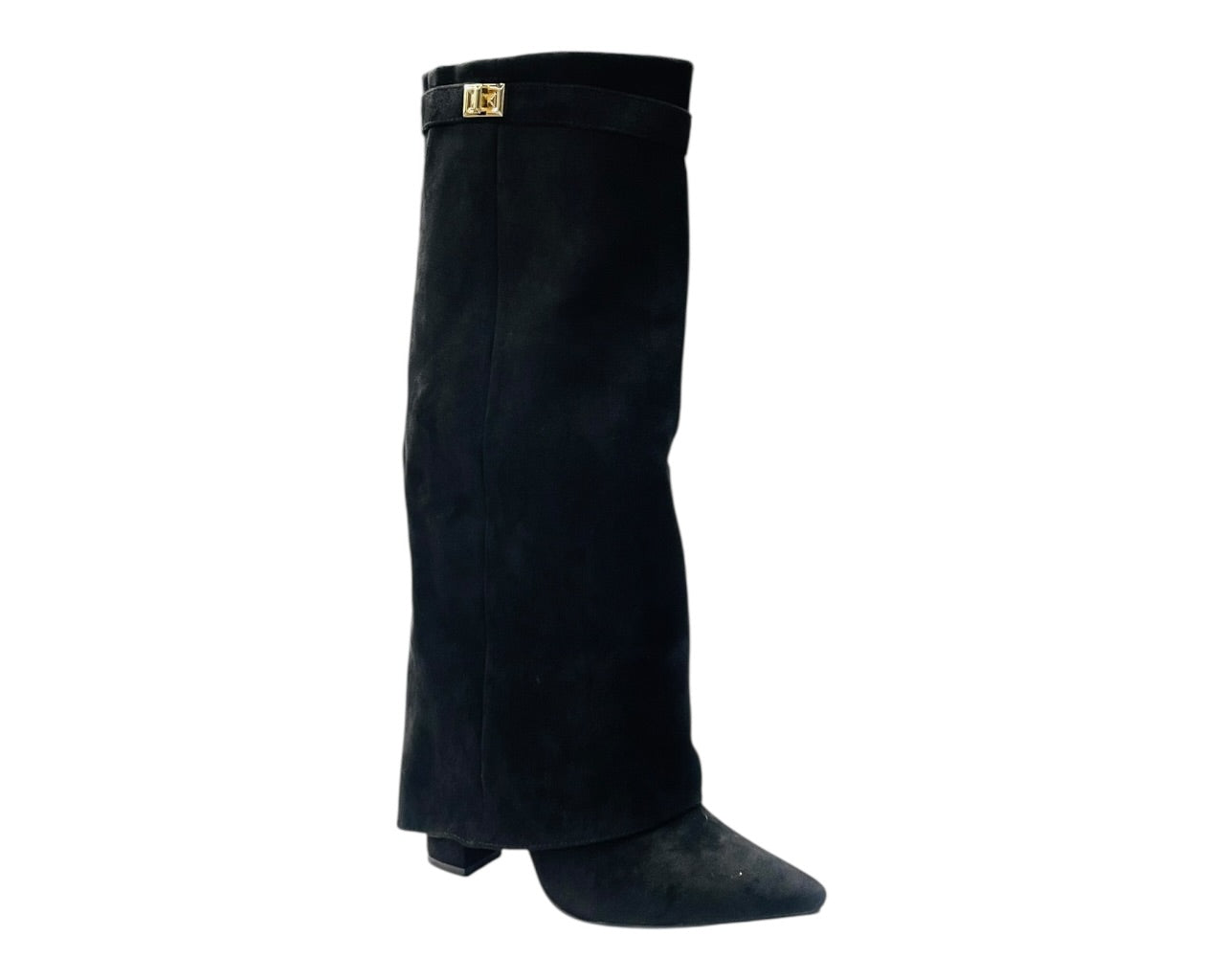 Knee High Faux Suede Fold Over Block Heel Boots