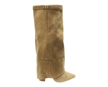Knee High Faux Suede Fold Over Block Heel Boots