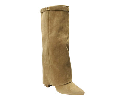 Knee High Faux Suede Fold Over Block Heel Boots