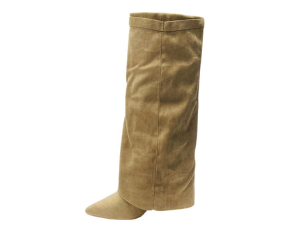Knee High Faux Suede Fold Over Block Heel Boots