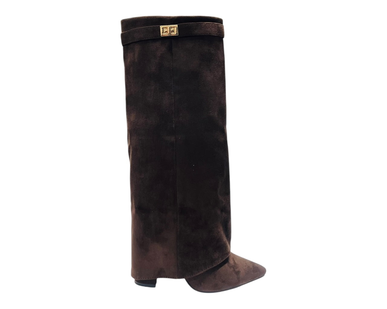 Knee High Faux Suede Fold Over Block Heel Boots