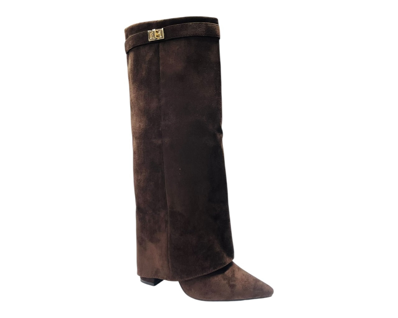 Knee High Faux Suede Fold Over Block Heel Boots