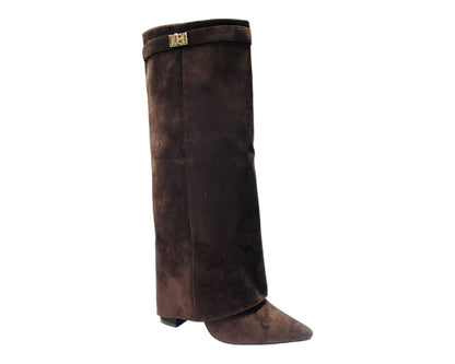 Knee High Faux Suede Fold Over Block Heel Boots