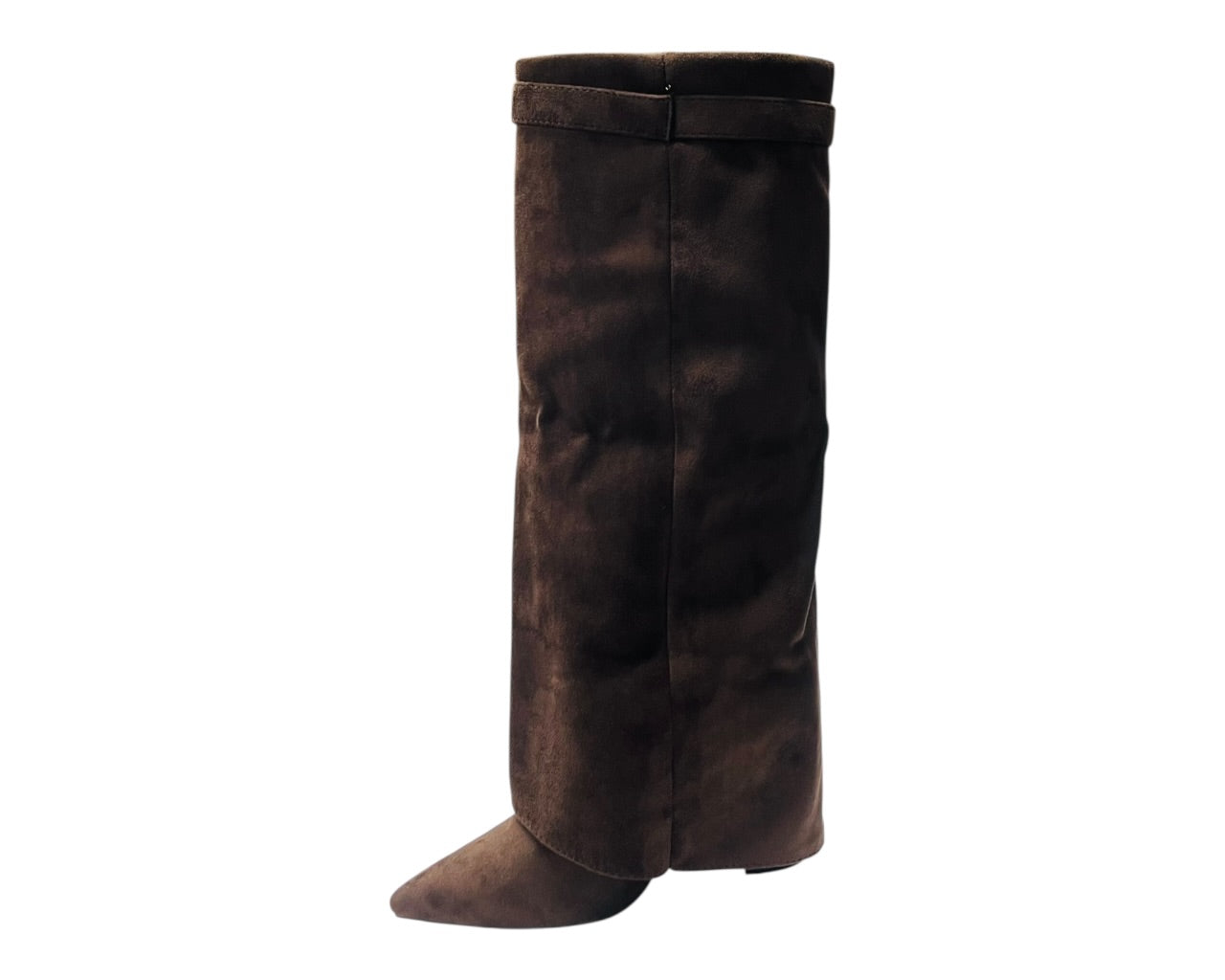 Knee High Faux Suede Fold Over Block Heel Boots