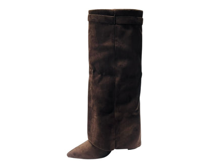 Knee High Faux Suede Fold Over Block Heel Boots