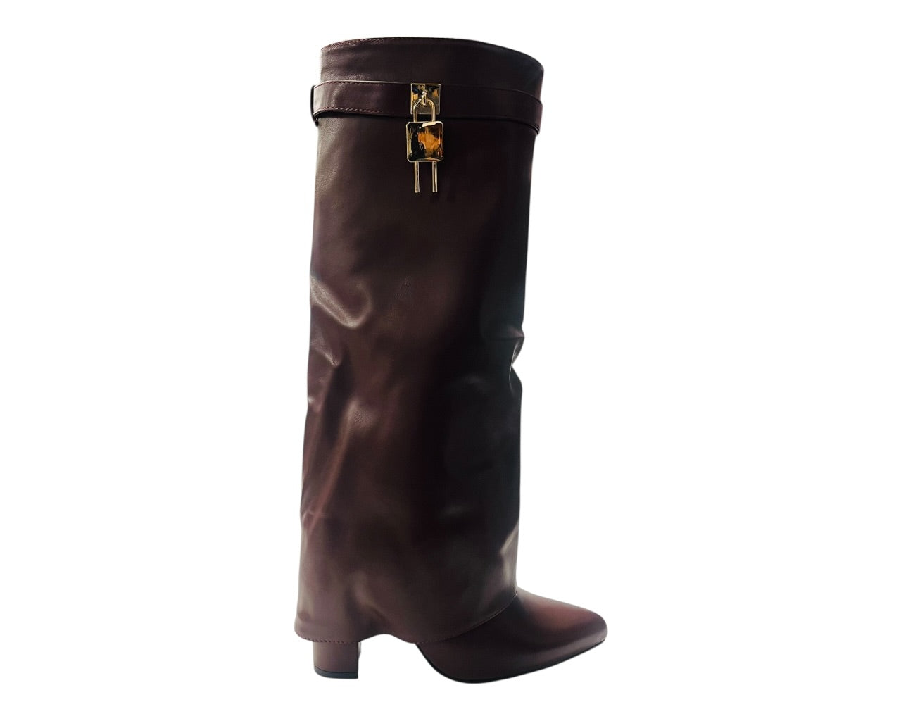 Faux Leather Padlock Knee High Fold Over Block Heel Boots