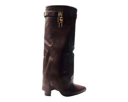 Faux Leather Padlock Knee High Fold Over Block Heel Boots