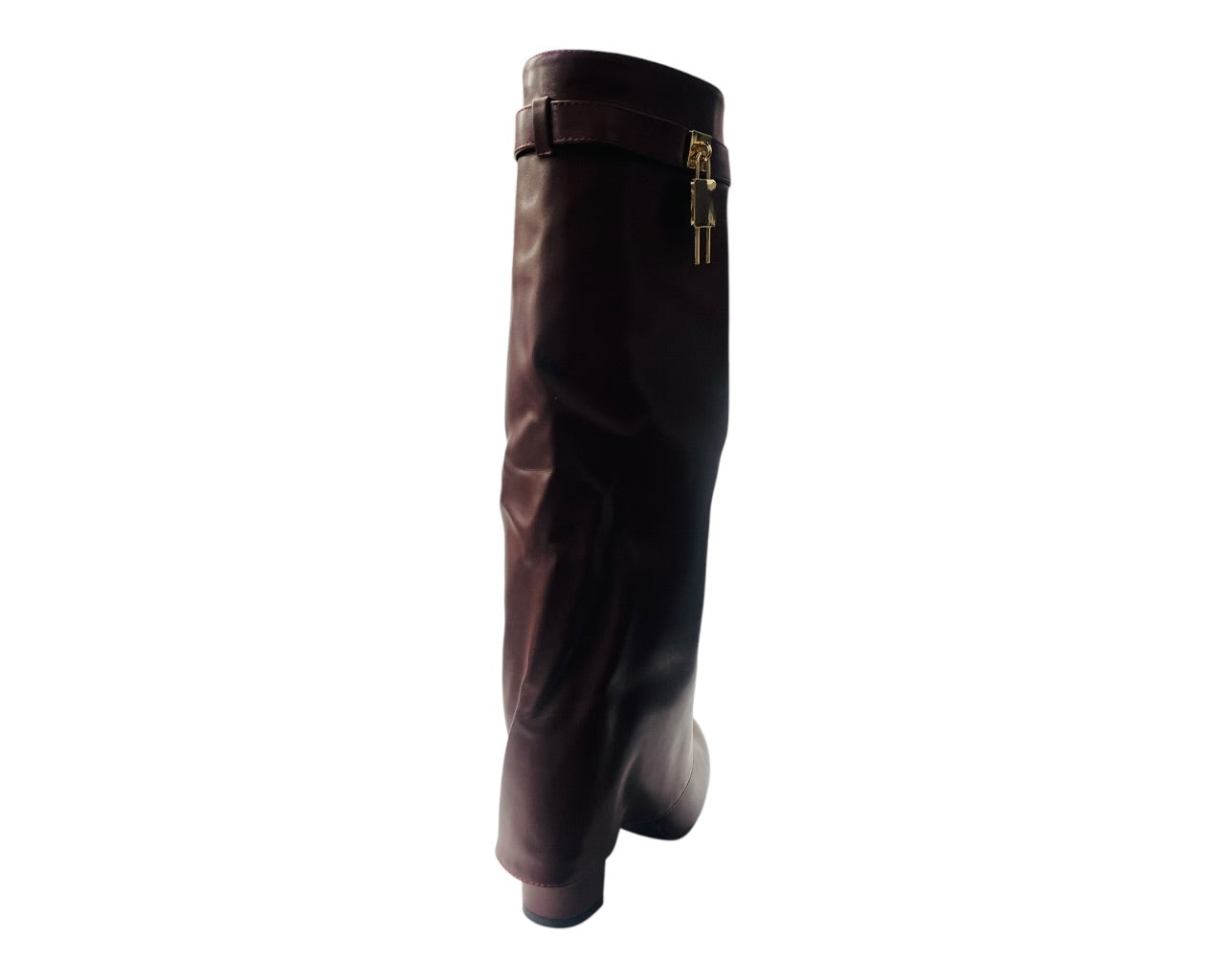 Faux Leather Padlock Knee High Fold Over Block Heel Boots