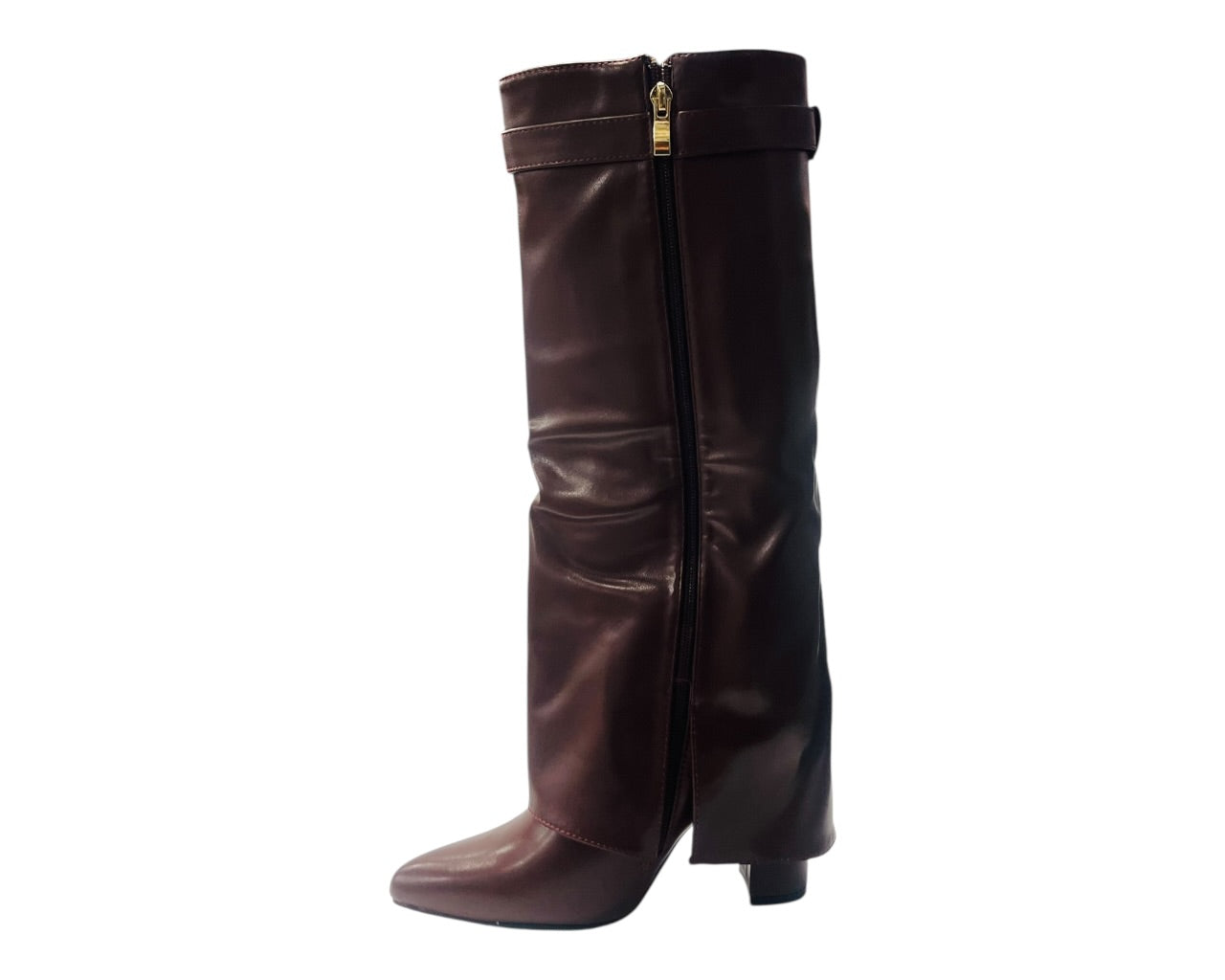 Faux Leather Padlock Knee High Fold Over Block Heel Boots