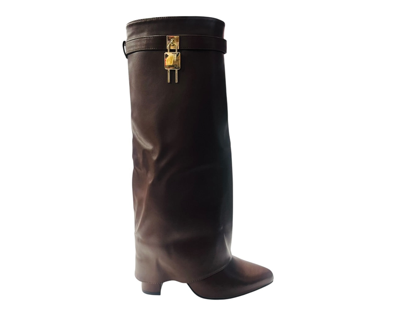 Faux Leather Padlock Knee High Fold Over Block Heel Boots