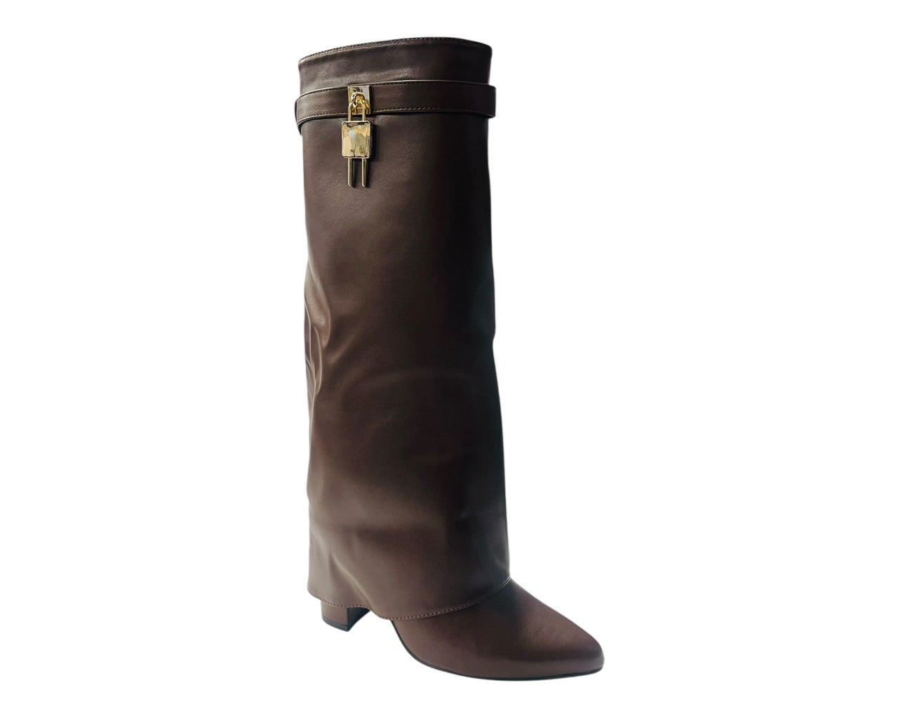 Faux Leather Padlock Knee High Fold Over Block Heel Boots