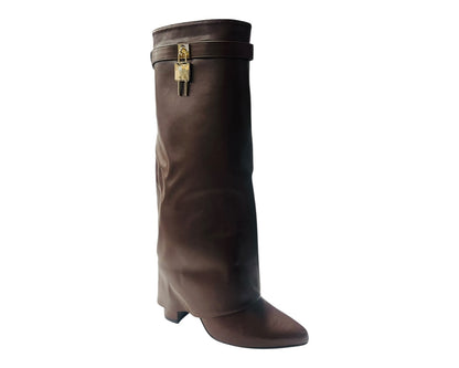 Faux Leather Padlock Knee High Fold Over Block Heel Boots