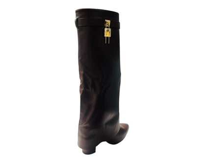 Faux Leather Padlock Knee High Fold Over Block Heel Boots