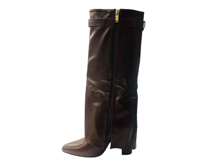 Faux Leather Padlock Knee High Fold Over Block Heel Boots