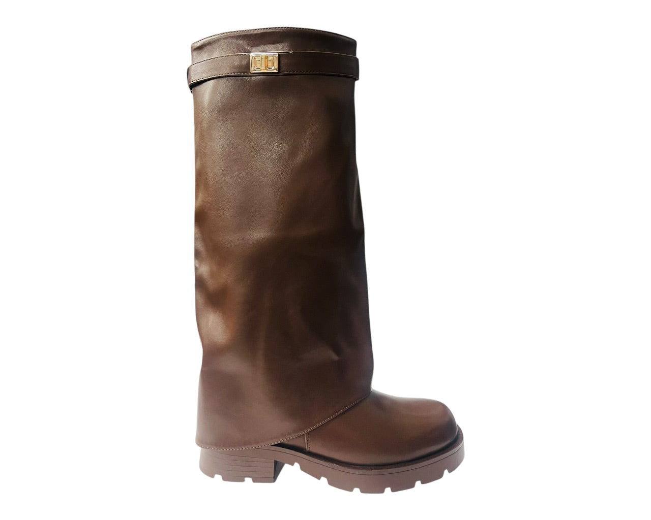 Knee High Faux Leather Fold Over Chunky Sole Boots