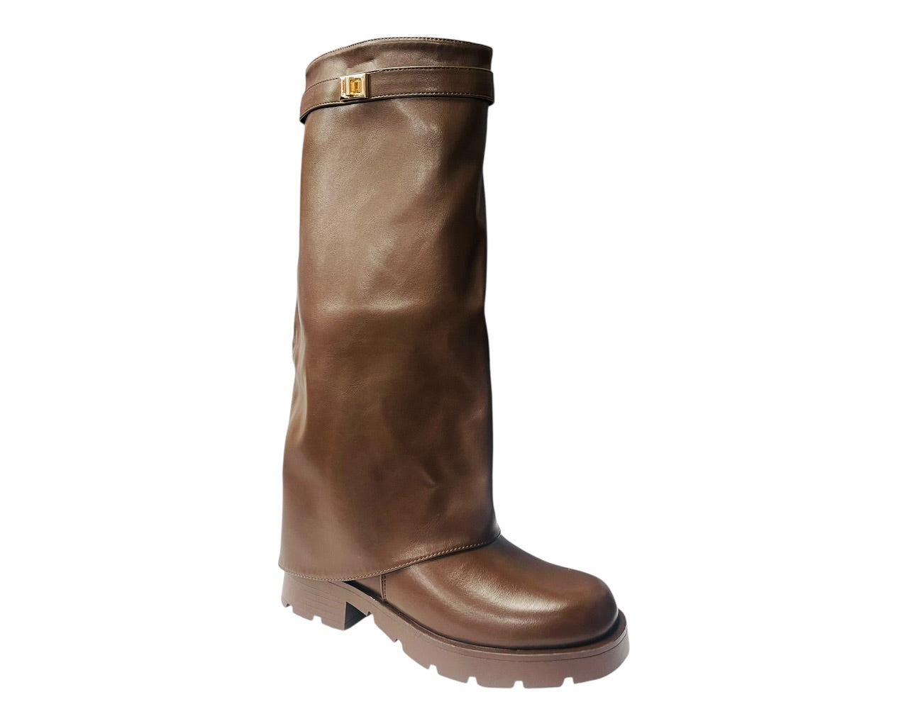 Knee High Faux Leather Fold Over Chunky Sole Boots