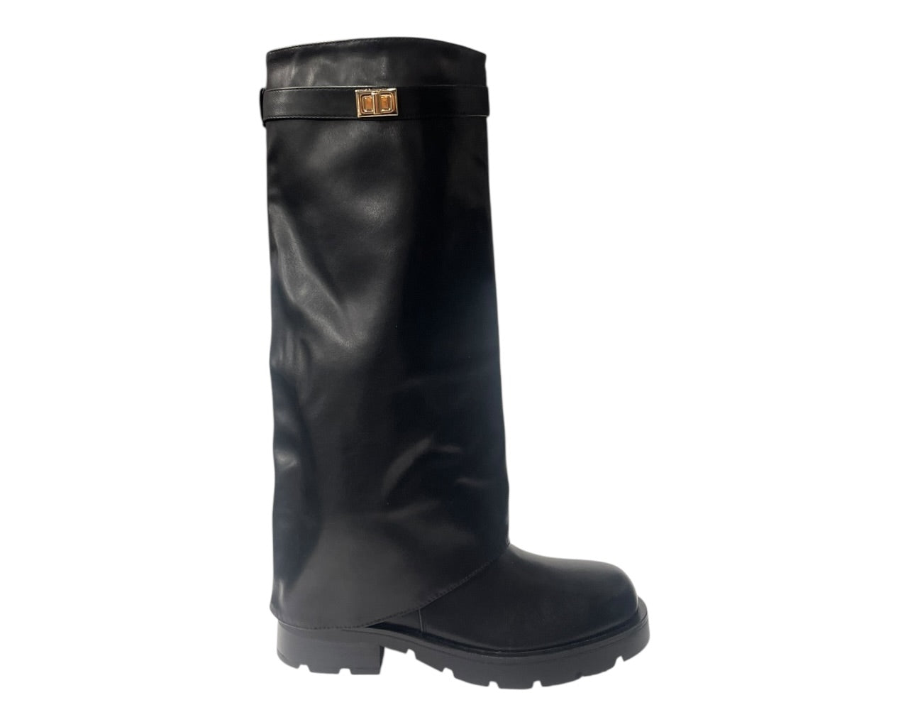 Knee High Faux Leather Fold Over Chunky Sole Boots