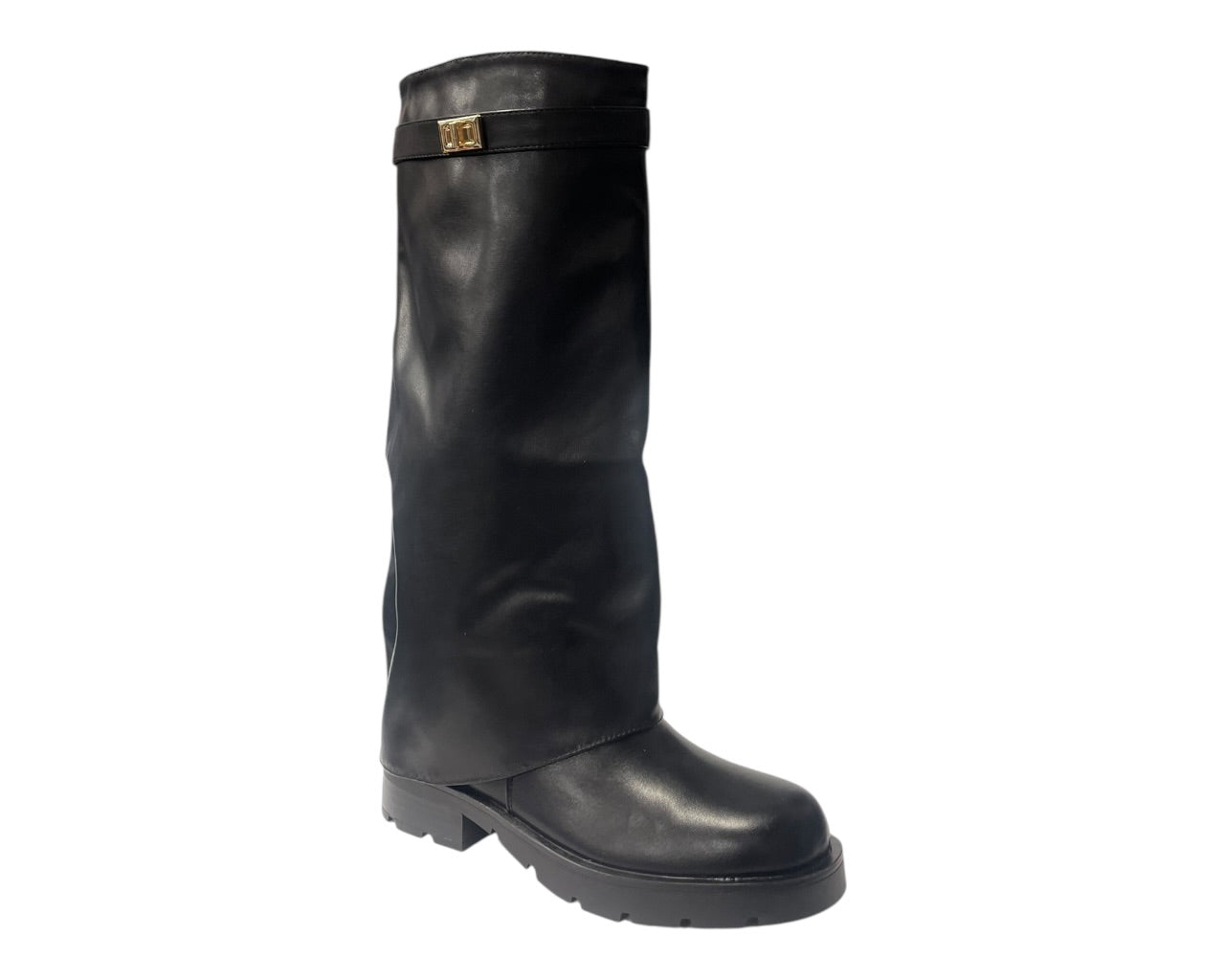Knee High Faux Leather Fold Over Chunky Sole Boots