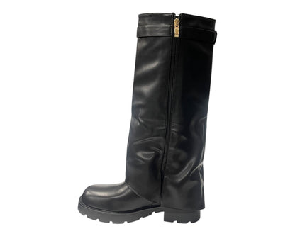 Knee High Faux Leather Fold Over Chunky Sole Boots