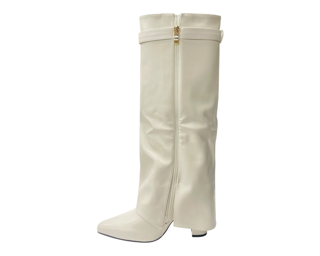 Knee High Faux Leather Fold Over Block Heel Boots