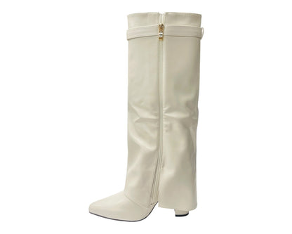 Knee High Faux Leather Fold Over Block Heel Boots