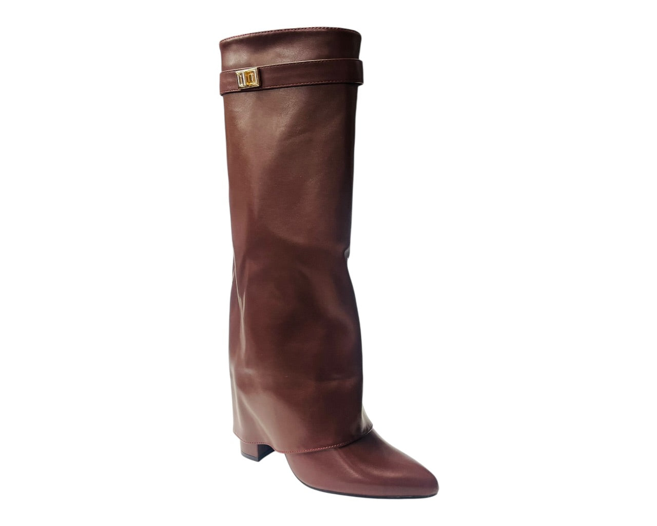 Knee High Faux Leather Fold Over Block Heel Boots