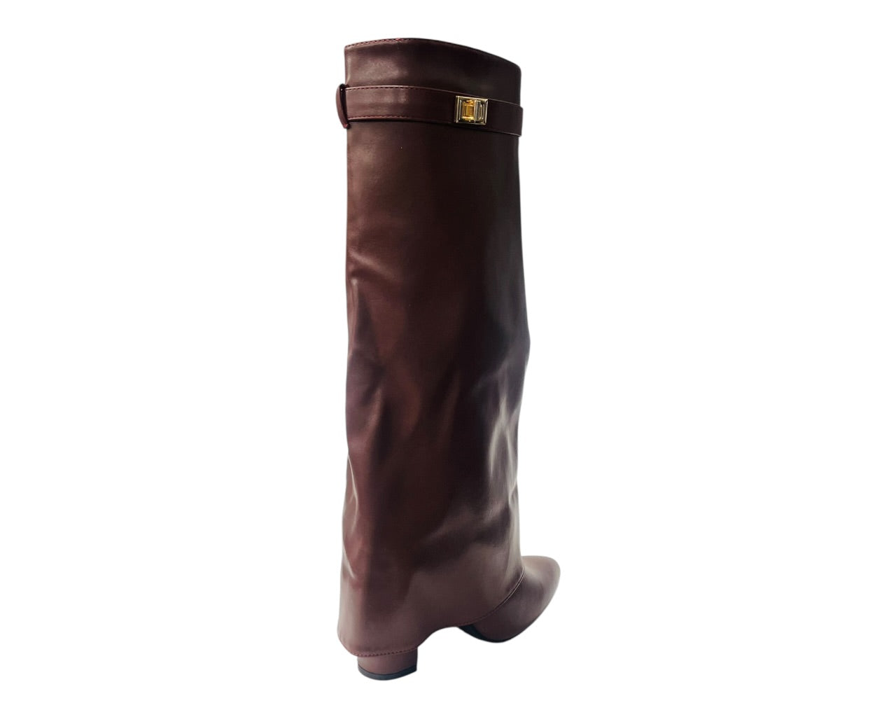 Knee High Faux Leather Fold Over Block Heel Boots