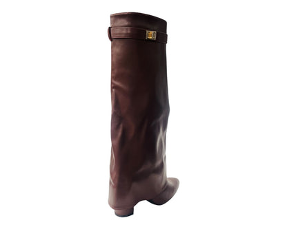 Knee High Faux Leather Fold Over Block Heel Boots
