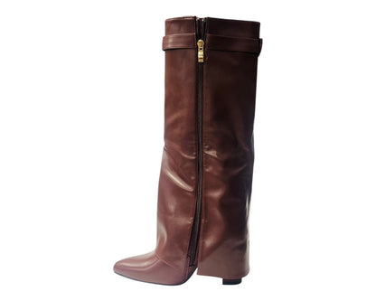 Knee High Faux Leather Fold Over Block Heel Boots