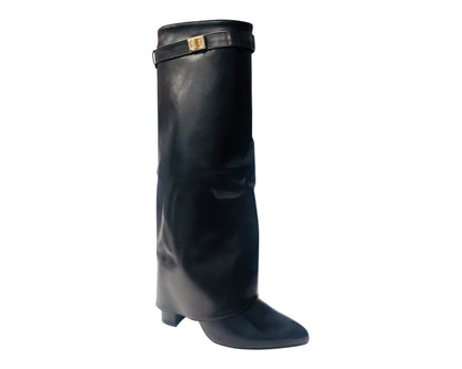 Knee High Faux Leather Fold Over Block Heel Boots