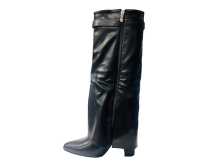 Knee High Faux Leather Fold Over Block Heel Boots