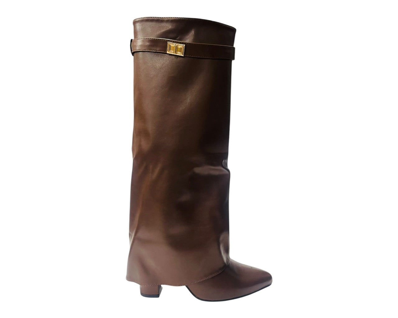 Knee High Faux Leather Fold Over Block Heel Boots