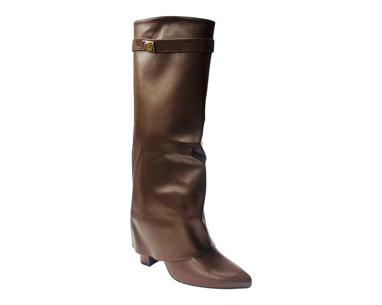 Knee High Faux Leather Fold Over Block Heel Boots