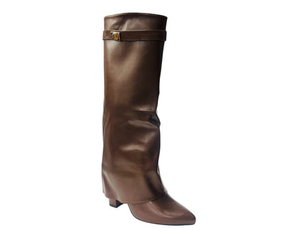 Knee High Faux Leather Fold Over Block Heel Boots