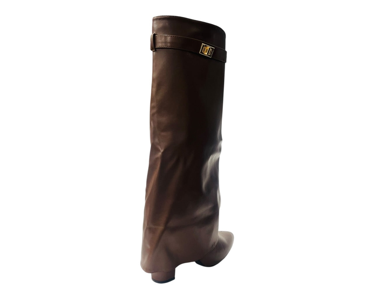 Knee High Faux Leather Fold Over Block Heel Boots