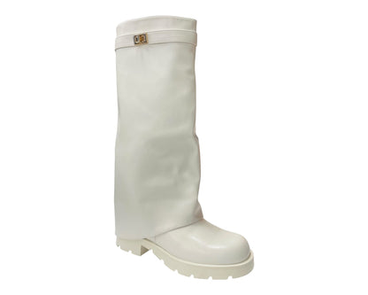 Knee High Faux Leather Fold Over Chunky Sole Boots