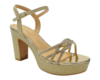 Block Heel Platform Diamante Glitter Shoes