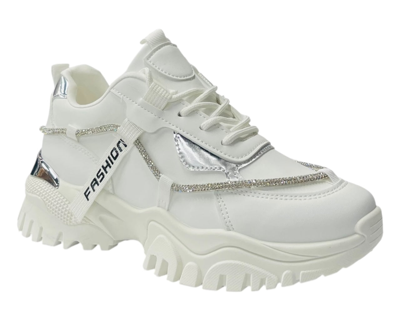 Chunky Sole Diamante Lace Up Faux Leather Trainers