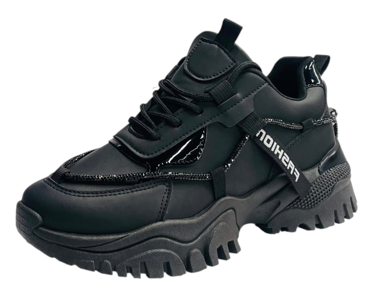 Chunky Sole Diamante Lace Up Faux Leather Trainers