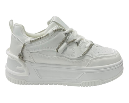 Platform Faux Leather Diamante Lace Up Trainers