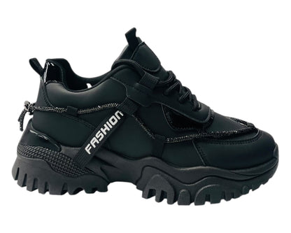 Chunky Sole Diamante Lace Up Faux Leather Trainers