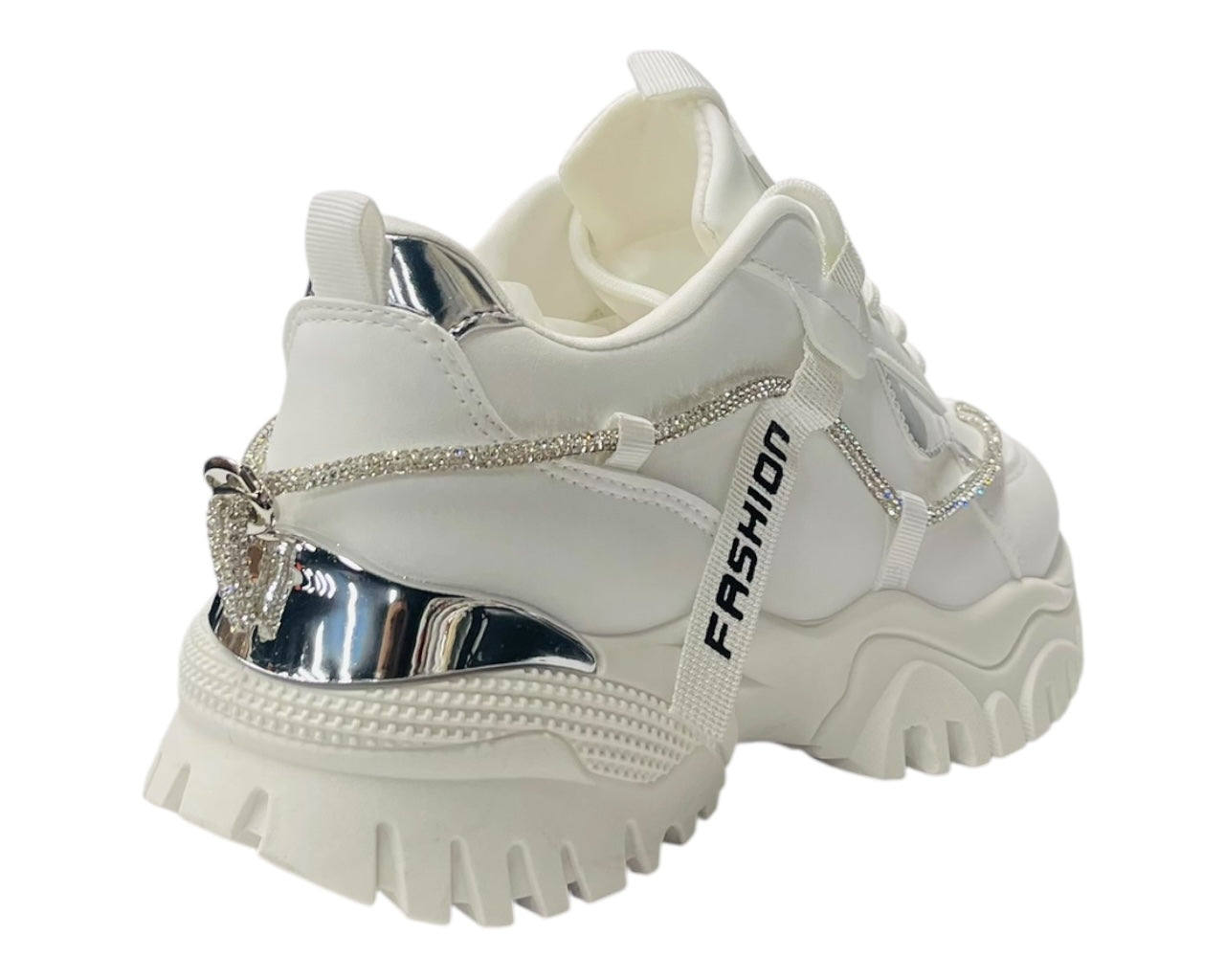 Chunky Sole Diamante Lace Up Faux Leather Trainers