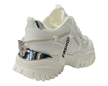 Chunky Sole Diamante Lace Up Faux Leather Trainers