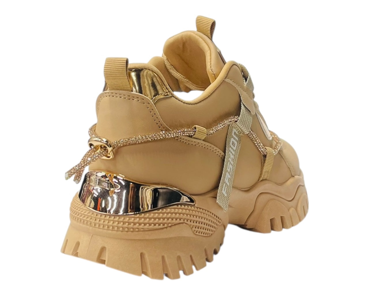 Chunky Sole Diamante Lace Up Faux Leather Trainers