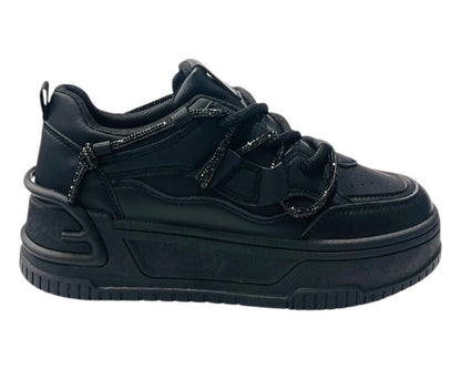 Platform Faux Leather Diamante Lace Up Trainers