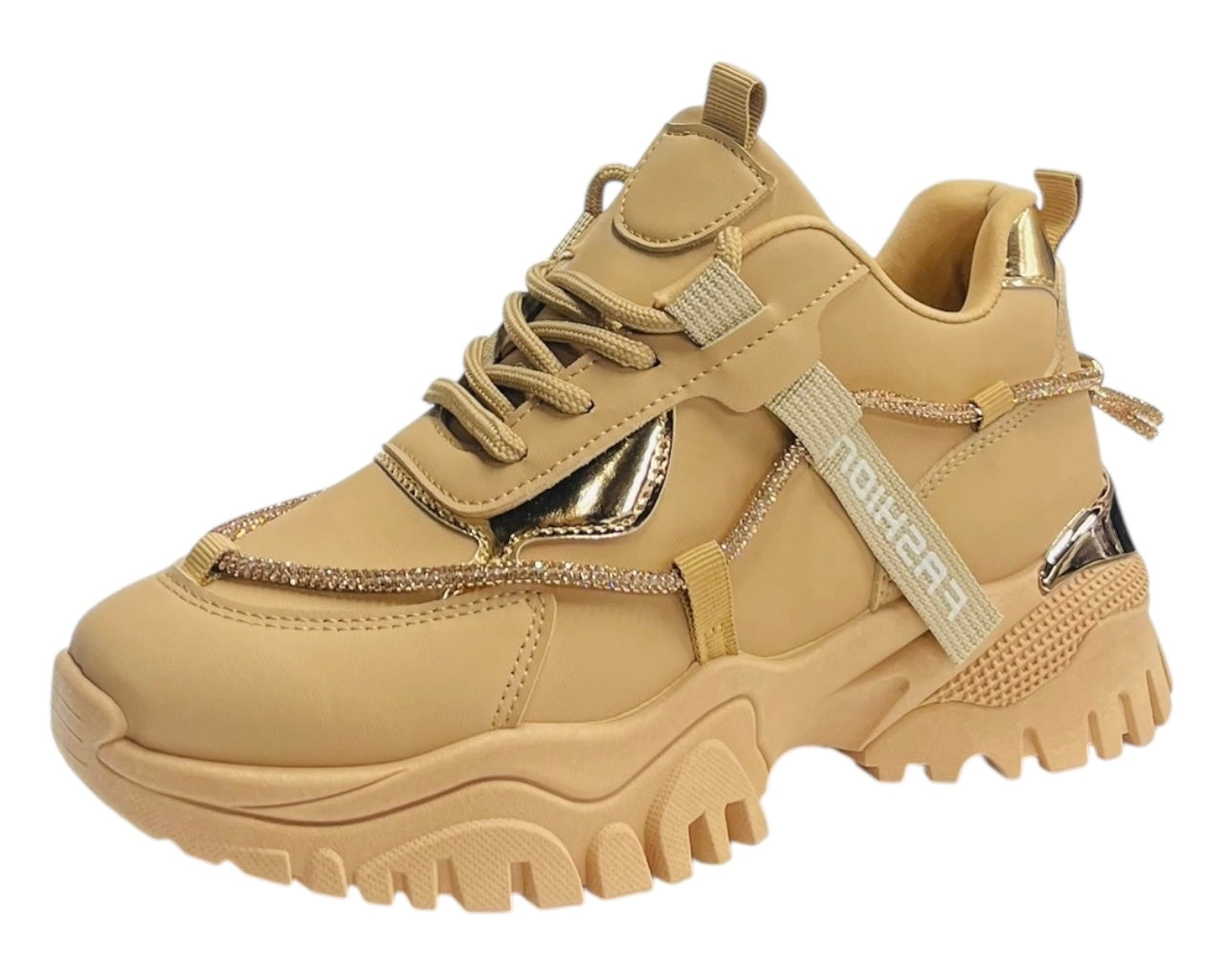 Chunky Sole Diamante Lace Up Faux Leather Trainers